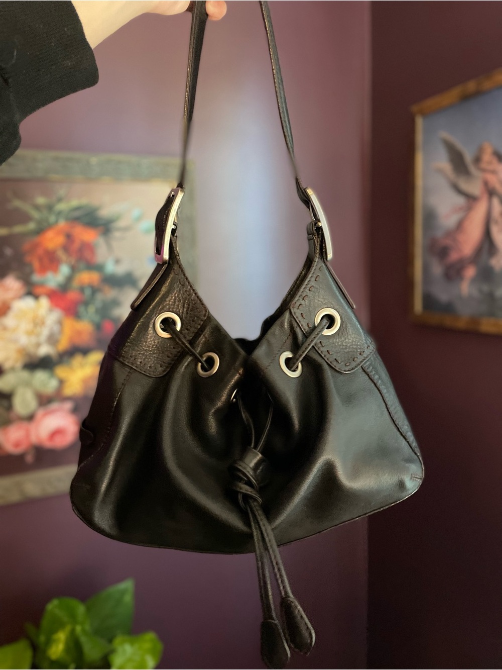 Cole Haan Black Leather Drawstring Hobo Bag
